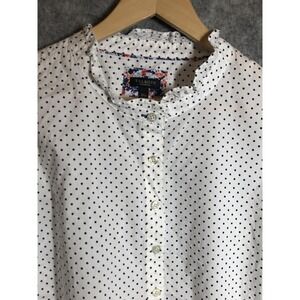 Talbots Shirt Womens 2X Petite White Navy Polka Dot Ruffle Neck Long Sleeve